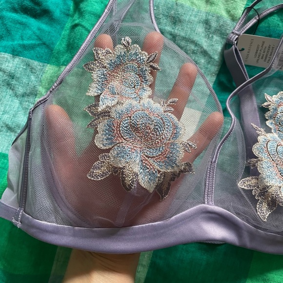 Moonlight Sheer Plunge Mauve Floral Embroidered Bra & Matching Thong - Picture 5 of 15